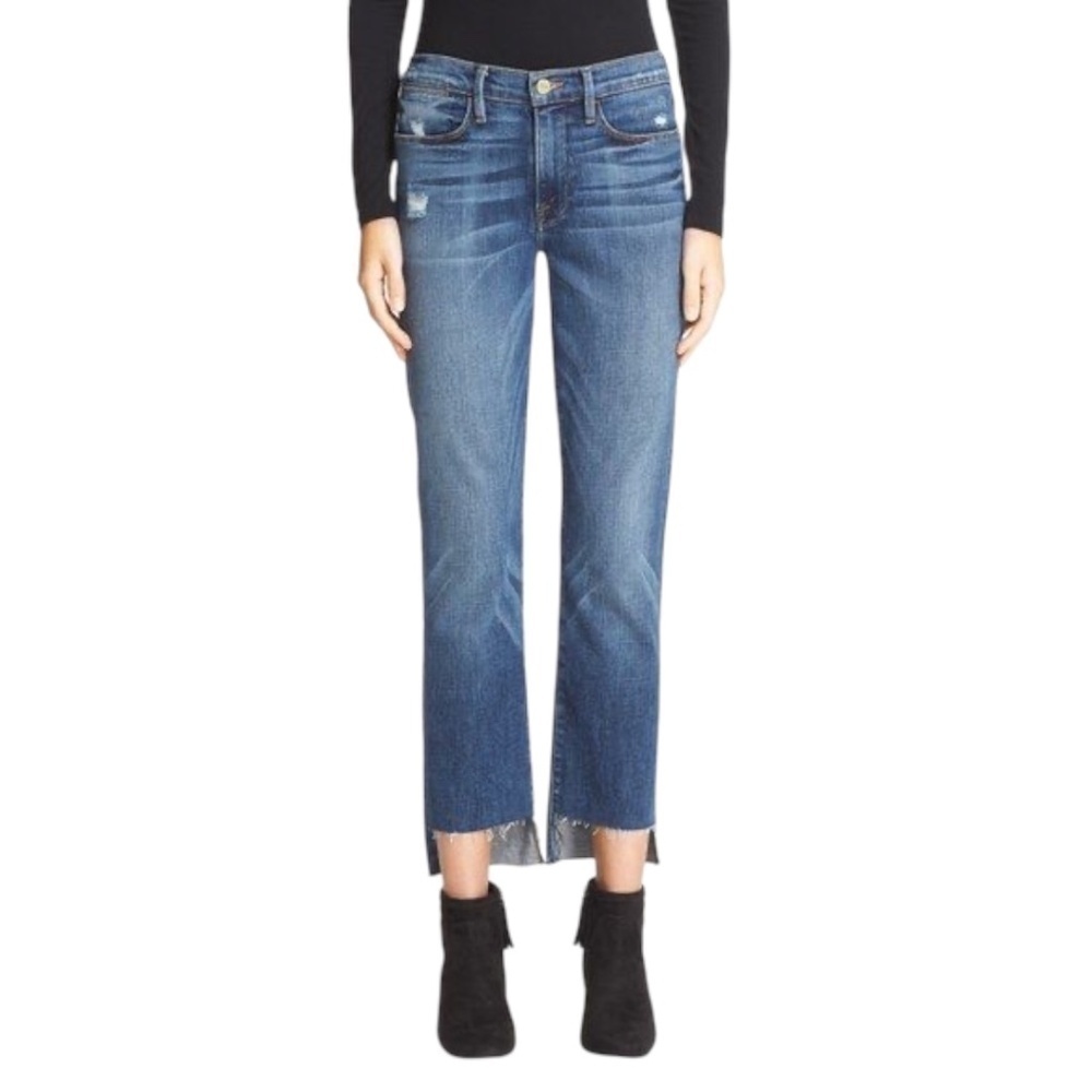 FRAME 'Le High Straight' High Rise Staggered Hem Jeans in Carroll Wash Size 28 - Picture 2 of 10
